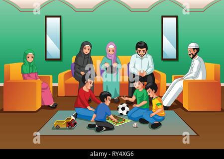 Un vecteur illustration de famille musulmane jouant dans le salon Illustration de Vecteur