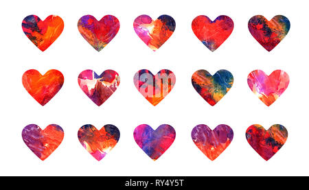 Cœurs abstract grunge collection aquarelle, aquarelle peinte à la main ensemble isolé illustration Banque D'Images