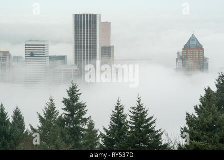 Édifices du centre-ville dans une mer de brouillard, Portland, Oregon. Banque D'Images