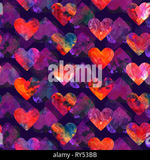 Cœurs abstract grunge taches de couleur aquarelle texture seamless pattern design sur fond bleu foncé avec des coeurs Banque D'Images