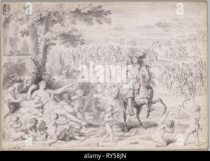 Louis XIV capturés par Vénus, début 1670. Atelier de Charles Le Brun (Français, 1619-1690), Adam Frans van der Meulen (flamande, 1632-1690). Craie noire, graphite, et la brosse de lavage et de gris ; feuille : 29,2 x 40,8 cm (11 1/2 x 16 1/16 po Banque D'Images