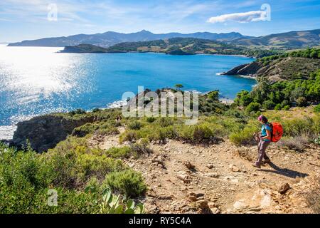 France, Pyrénées Orientales, Côte Vermeille, randonnées de Port-Vendres à Banyuls sur le sentier du littoral, l'anse de Paulilles dans l'arrière-plan Banque D'Images