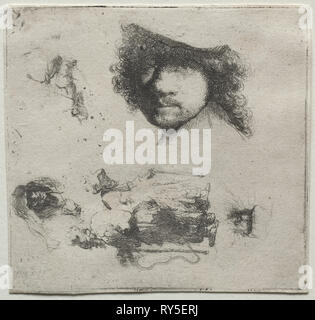 Feuille d'études : l'autoportrait, un mendiant, couple, etc.), ch. 1632. Rembrandt van Rijn (Néerlandais, 1606-1669). Fiche technique : eau-forte, 10,1 x 10,7 cm (4 x 4 3/16 in.) : platemark ; 10 x 10,5 cm (3 15/16 x 4 1/8 in Banque D'Images