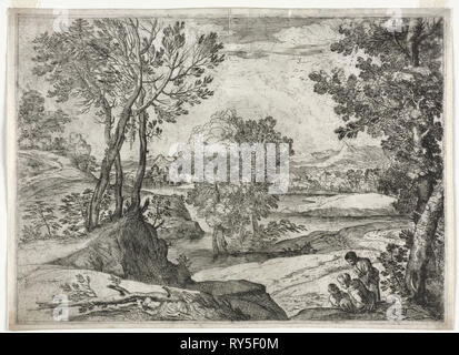 Paysage avec une famille, 1643. Giovanni Francesco Grimaldi (italien, 1606-1680). Eau-forte Banque D'Images