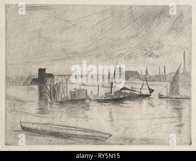 Tôt le matin, Battersea, 1861. James McNeill Whistler (Américain, 1834-1903). Fiche technique : eau-forte, 17,8 x 14 cm (7 x 5 1/2 in.) : platemark ; 14,9 x 11,3 cm (5 7/8 x 4 7/16 in Banque D'Images