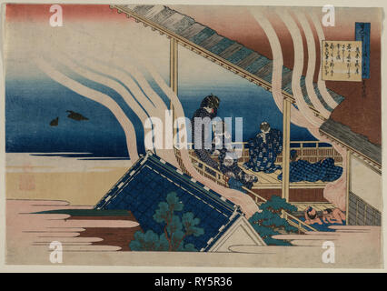 Poème de Fujiwara no Yoshitaka, de la série d'une centaine de poèmes par cent poètes explique par une ancienne infirmière, 1835-36. Katsushika Hokusai (1760-1849), Japonais. Gravure sur bois en couleur ; feuille : 25,4 x 36,9 cm (10 x 14 1/2 po Banque D'Images