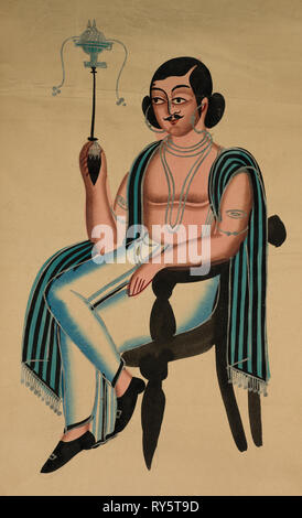 Homme assis dans une chaire européenne Fumer une pipe Margila, ch. 1880. L'Inde, Kalighat peinture, xixe siècle. Encre et couleur sur papier ; total : 45,5 x 27,4 cm (17 x 10 13/16 à 15/16 Banque D'Images