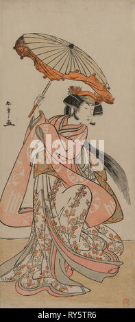 L'Acteur Segawa Kikunojo II danse avec un parasol, fin 1770. Katsukawa Shunsho (japonais, 1726-1792). Gravure sur bois en couleur ; image : 33,3 x 14,6 cm (13 1/8 x 5 3/4 in Banque D'Images