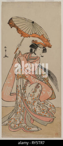 L'Acteur Segawa Kikunojo II danse avec un parasol, fin 1770. Katsukawa Shunsho (japonais, 1726-1792). Gravure sur bois en couleur ; image : 33,3 x 14,6 cm (13 1/8 x 5 3/4 in Banque D'Images