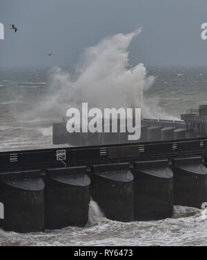 Brighton, UK. Mar 12, 2019. Les vagues déferlent sur le port de plaisance de Brighton mur ouest ce matin que Storm Gareth commence à batter la Grande-Bretagne et l'Irlande avec des vents devraient s'établir à plus de 70mph dans certaines régions Crédit : Simon Dack/Alamy Live News Banque D'Images