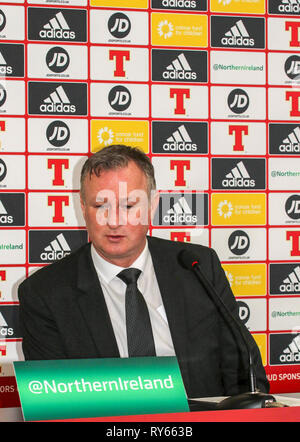 Windsor Park, Belfast, Irlande du Nord, Royaume-Uni. Mar 12, 2019. L'Irlande du manager Michael O'Neill a nommé son équipe pour l'UEFA EURO 2020 jeux de qualification contre l'Estonie (à Belfast le jeudi 21 mars) et la Biélorussie (Belfast, Dimanche 24 Mars). Crédit : David Hunter/Alamy Live News Banque D'Images