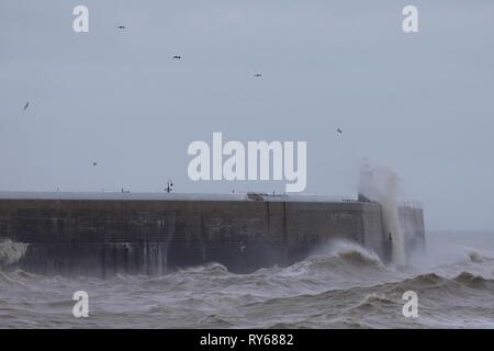 Folkestone, Kent, UK. 12 Mar, 2019. Météo France : Gareth tempête arrive sur la côte sud avec des rafales de vent frapper plus de 55 mph. Le port de Folkestone et le bras de phare qui est en cours de rénovation prend toute la force de la tempête. © Paul Lawrenson, 2019 Crédit photo : Paul Lawrenson / Alamy Live News Banque D'Images