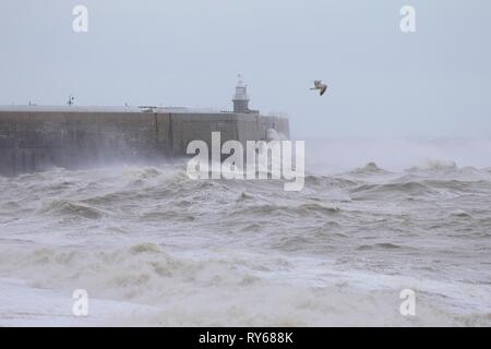 Folkestone, Kent, UK. 12 Mar, 2019. Météo France : Gareth tempête arrive sur la côte sud avec des rafales de vent frapper plus de 55 mph. Le port de Folkestone et le bras de phare qui est en cours de rénovation prend toute la force de la tempête. © Paul Lawrenson, 2019 Crédit photo : Paul Lawrenson / Alamy Live News Banque D'Images