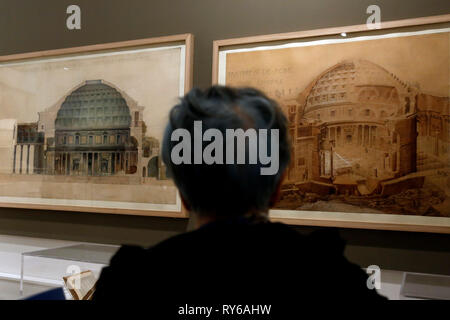 Rome, Italie. Mar 12, 2019. Dessin du Panthéon de Rome Exposition 'Leonardo Da Vinci, la science avant la science' à Scuderie del Quirinale, Rome, à l'occasion du 500e anniversaire de la mort du célèbre peintre et inventeur. L'exposition offre au public une vision différente de l'œuvre de Da Vinci et des analyses théoriques de Leonardo et technologiques, l'orthographe mettre ses liens culturels avec les contemporains. Credit : insidefoto srl/Alamy Live News Banque D'Images