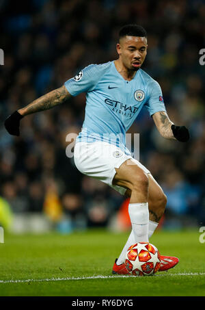 Manchester, UK. Mar 12, 2019. Gabriel Jésus de Manchester City lors de la Ligue des Champions Tour de 16 deuxième match de jambe entre Manchester City et Schalke 04 à l'Etihad Stadium le 12 mars 2019 à Manchester, en Angleterre. (Photo de Daniel Chesterton/phcimages.com) : PHC Crédit Images/Alamy Live News Banque D'Images