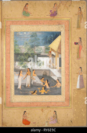 La page de la fin du Shah Jahan Album : Scène Night-Bathing Harem, ch. 1653. L'Inde moghole, cour, règne de Shah Jahan (1628-1658), dynastie moghol (1526-1756), 17e siècle. Aquarelle opaque, de l'or, et de l'encre sur papier ; total : 37,8 x 27,3 cm (14 7/8 x 10 3/4 in Banque D'Images