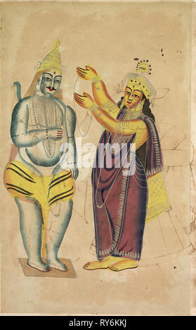 Parvati plaçant une guirlande de mariage sur Shiva, années 1800. L'Inde, Calcutta, Kalighat peinture, xixe siècle. L'encre noire, la couleur et la peinture argentée, et graphite underdrawing sur papier ; appui secondaire : 48,2 x 29,6 cm (19 x 11 5/8 in.), peinture uniquement : 45,6 x 28 cm (17 15/16 x 11 en Banque D'Images