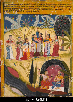Krishna et Gopis, ch. 1660. L'Inde, le Rajasthan, l'école de Mewar, 17ème siècle. Encre et couleur sur papier ; avec les frontières : 25 x 19,5 cm (9 13/16 x 7 11/16 in.) ; peinture uniquement : 23,5 x 17,5 cm (9 1/4 x 6 7/8 po Banque D'Images