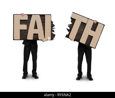 Deux hommes tenant la foi fissuré, mot isolé sur fond blanc. Banque D'Images