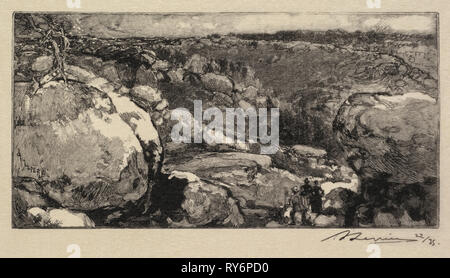 Forêt de Fontainebleau : Le cirque de Long-Rochre (La Forêt de Fontainebleau : Le cirque du Long-Rochre), 1888 (bloc gravé quand reproduit dans Revue illustrée 1888), publié en 1908. Louis Auguste Lepère (Français, 1849-1918), A. Desmoulins, publié dans Revue illustrée, 1887-90. La gravure sur bois à partir de 34 volumes reliés ; Image : 8,1 x 16 cm (3 3/16 x 6 5/16 in Banque D'Images
