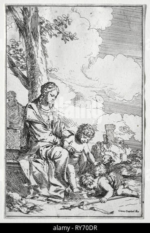 Sainte Famille avec l'enfant St John. Je Giulio Carpioni (italien, 1611-1674). Eau-forte Banque D'Images