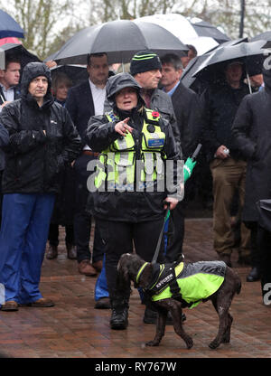 Chien Renifleur en patrouille comme racegoers abri de la pluie pendant qu'ils attendent pour les portes à ouvrir pour défendre jour de la Cheltenham Festival 2019 à l'Hippodrome de Cheltenham. Banque D'Images