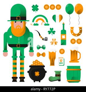 Fête de la Saint Patrick. Leprechaun, bière et le trèfle, télévision vector icon set Illustration de Vecteur