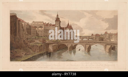 Une sélection de vingt des vues les plus pittoresques de Paris : Vue du Pont au Change, le théâtre de la ville, Pont Neuf, conciergerie, &c prises de Pont Notre Dame, 1803. Thomas Girtin (britannique, 1775-1802). Gravure aquatinte Softground et imprimée en brun, à la main, à l'aquarelle ; feuille : 35,9 x 66,8 cm (14 1/8 x 26 5/16 in.) : platemark ; 30,2 x 56,2 cm (11 7/8 x 22 1/8 in Banque D'Images