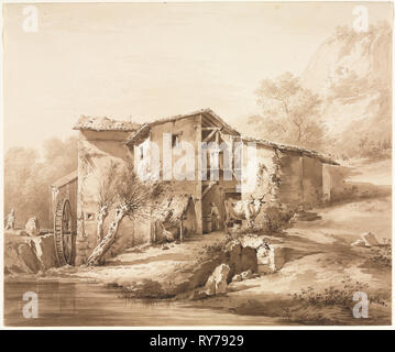 Paysage avec moulin à eau, c, 1790. Jean Jacques de Boissieu (Français, 1736-1810). Lavis à l'encre brune et point de pinceau avec du graphite underdrawing sur vélin crème ; total : 20,3 x 24,1 cm (8 x 9 1/2 po Banque D'Images