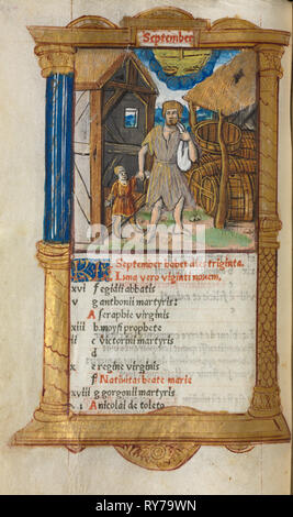 Livre imprimé d'heures (utilisation de Rome) : fol. 10v, septembre 1510, illustration de calendrier. Guillaume le Rouge (français, Paris, actif 1493-1517). 112 folios de l'imprimé sur parchemin, lié Banque D'Images