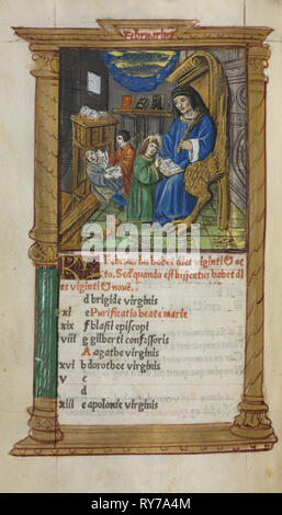 Livre imprimé d'heures (utilisation de Rome) : fol. 3v, février 1510, illustration de calendrier. Guillaume le Rouge (français, Paris, actif 1493-1517). 112 folios de l'imprimé sur parchemin, lié Banque D'Images