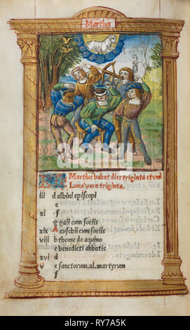 Livre imprimé d'heures (utilisation de Rome) : fol. 4v, mars 1510, illustration de calendrier. Guillaume le Rouge (français, Paris, actif 1493-1517). 112 folios de l'imprimé sur parchemin, lié Banque D'Images