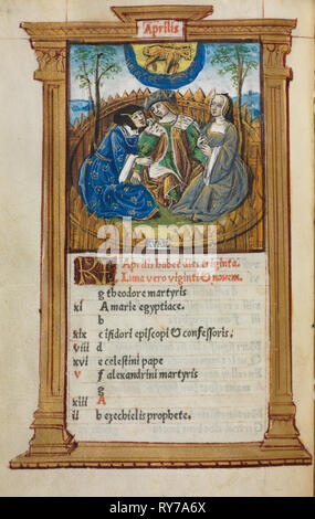 Livre imprimé d'heures (utilisation de Rome) : fol. 5v, avril 1510, illustration de calendrier. Guillaume le Rouge (français, Paris, actif 1493-1517). 112 folios de l'imprimé sur parchemin, lié Banque D'Images