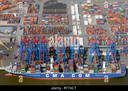 Porte-conteneurs CMA CGM dans le port à conteneurs, de chargement de conteneurs, Hambourg, Allemagne Banque D'Images