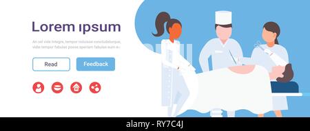 L'équipe de chirurgiens race mix entourant patient couché sur la table d'opération au cours de l'intervention des travailleurs médicaux à l'opération prix copie espace flat horizontal Illustration de Vecteur