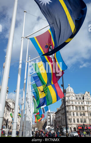 Drapeaux des pays du Commonwealth volent autour de la place du Parlement, Londres, Royaume-Uni, pour célébrer le Jour du Commonwealth le deuxième lundi de mars. Banque D'Images