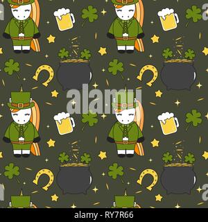 Cute cartoon St Patrick's Day background illustration modèle vectoriel continu avec unicorn leprechaun, trèfles, étoile, horseshoe et pot d'or Illustration de Vecteur