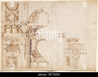 Étude pour le 'Essequie» effectuée à San Lorenzo, Florence, en 1637, en l'honneur de l'empereur Ferdinand II, 1637. Alfonso Parigi (italien, 1606-1656). Plume et encre brune et lavis avec du graphite et des accents de rose, violet-gris et bleu-noir ; laver feuille : 48,5 x 65,8 cm (19 1/8 x 25 7/8 po Banque D'Images