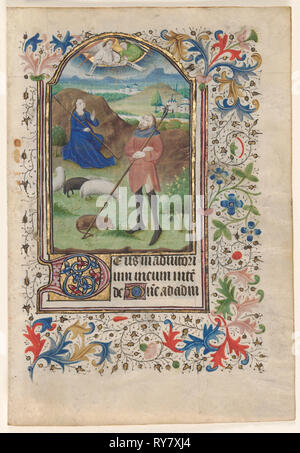 Feuille d'un livre d'heures : Annonciation aux bergers, c. 1460. France, Troyes ?, 15e siècle. Encre, tempera et or sur parchemin ; feuille : 20,1 x 13,8 cm (7 15/16 x 5 7/16 in Banque D'Images