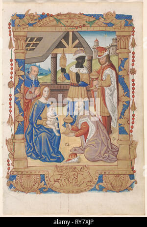 Feuille d'un livre d'heures : l'Adoration des Mages (recto) et du texte avec l'Illustre Border (verso) (3 de 3 feuilles excisées), ch. 1510. France, Rouen, 16ème siècle. Encre, tempera et or liquide sur du vélin ; feuille : 19,5 x 13 cm (7 11/16 x 5 1/8 in Banque D'Images