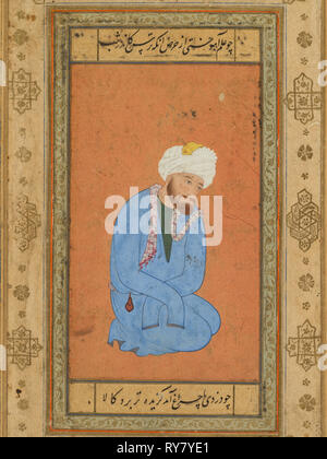 Portrait d'un saint homme agenouillé, à partir de l'album Prince Salim, ch. 1556-60 ; border c. 1602. Attribuée à Mir Sayyid Ali (persan, actives en Inde, 1555-1580). Aquarelle opaque avec de l'or sur papier, fixé sur une page d'album avec frontières crème décoré de motifs géométriques et de fleurs d'or Banque D'Images