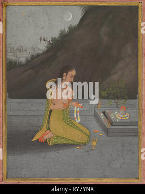 Une scène de nuit de Shiva Puja, c. . 1760-1770 Attribuée à Muhammad Rizavi Hindi (Indian, actif milieu des années 1700). Aquarelle opaque avec de l'or sur papier, de larges frontières de papier rose (recto) ; page : 28,2 x 24,1 cm (11 1/8 x 9 1/2 po Banque D'Images