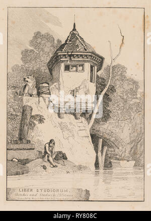 Liber Studiorum ; frontispice, vue sur une maison du jardin sur les rives de la rivière Yare, 1838. John Cotman Vendez (britannique, 1782-1842). À partir d'une gravure, Softground volume relié contenant 48 plaques ; feuille : 49,7 x 31,9 cm (19 9/16 x 12 9/16 in.) : platemark ; 30,4 x 21,5 cm (11 15/16 x 8 7/16 in.) ; à la limite : 28,9 x 20,5 cm (11 3/8 x 8 1/16 in Banque D'Images