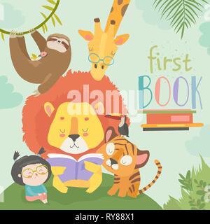 Little girl reading book avec cartoon animal. Tigre Lion,girafe,logement, Illustration de Vecteur