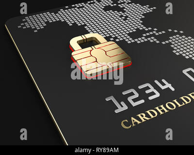 Illustration 3d de la puce de sécurité de carte de crédit, services bancaires sûrs comme cadenas. Banque D'Images