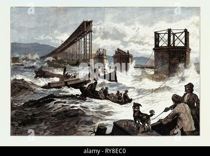 La catastrophe du pont de la Tay : lance à vapeur et Divers' Barge employées dans Search 1880 Banque D'Images