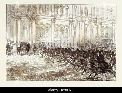 Mariage Royal festivités à Saint-Pétersbourg : Révision avant de l'empereur le Prince de Galles et le Prince héritier de Prusse 1874 Banque D'Images