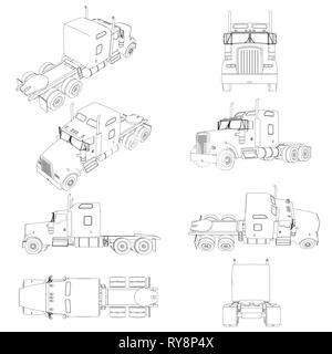 Ensemble avec les contours du Camion sans remorque dans différentes positions. Le contour du chariot avant, latérale, arrière, vue isométrique. Vector Illustration de Vecteur