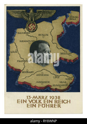 Carte postale historique allemand : un plébiscite sur la question de l'annexion de l'Autriche, 'ein Volk ein reich ein führer' 1938, l'Allemagne, Troisième Reich Banque D'Images