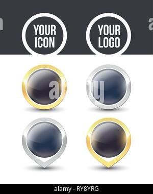 Boutons ronds noirs et des liens avec l'or et l'argent métallique, frontière vide pour placer votre logo. Label Vector icons isolé sur fond blanc. Illustration de Vecteur